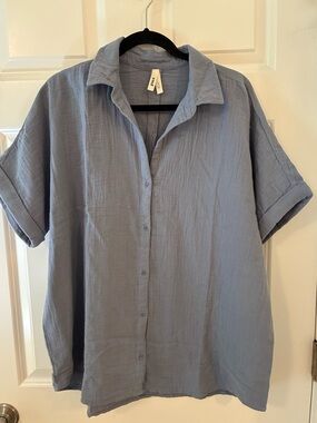 NWOT Pact Organic Cotton Shirt Oversized Beachy Coastal Minimalist Blue Gray